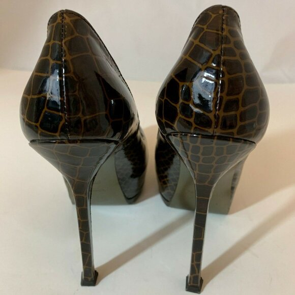 YSL SAINT LAURENT 59519 BROWN PATENT LEATHER CROC EMBOSSED TRIBTOO PUMPS - Picture 5 of 7